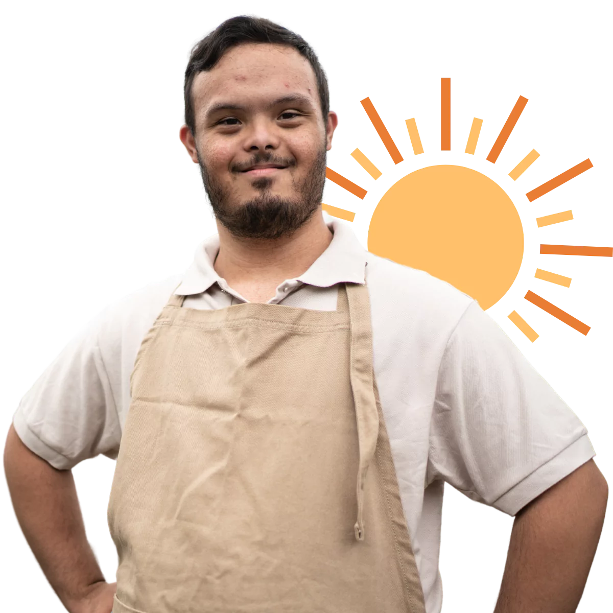 Disabled man with down syndrome smiling at camera with cartoon sun behind him